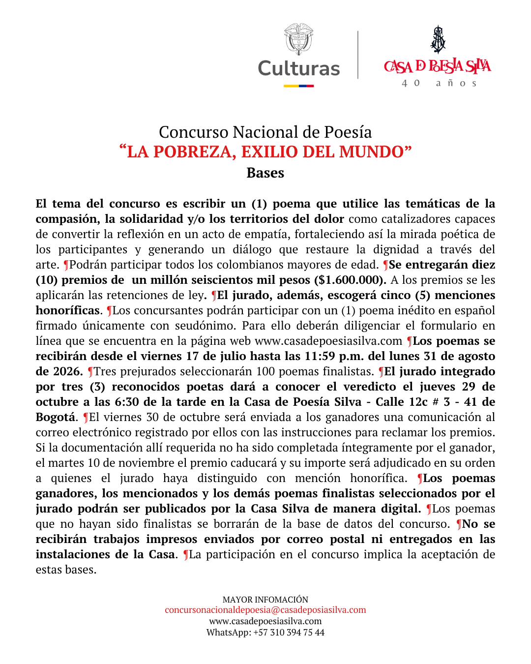 BASES DE PARTICIPACIÓN DEL CONCURSO NACIONAL DE POESÍA «LA POBREZA, EXILIO DEL MUNDO» 2026